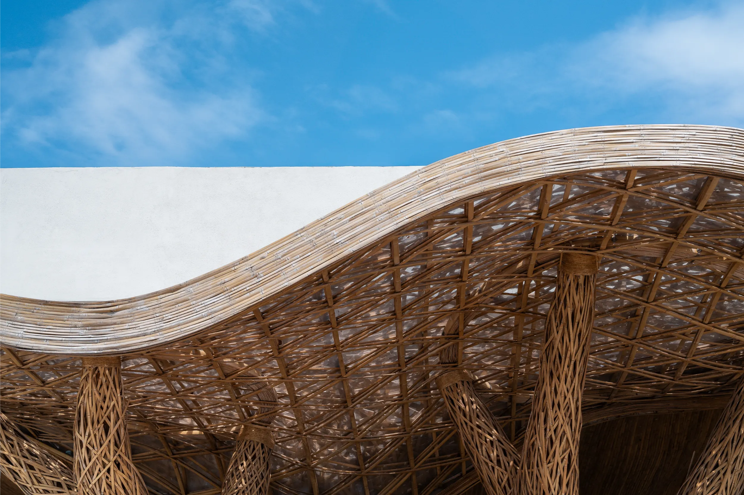 Exterior view of the sustainable bamboo canopy featuring intricate woven textures and bio-parametric curves against the blue sky.