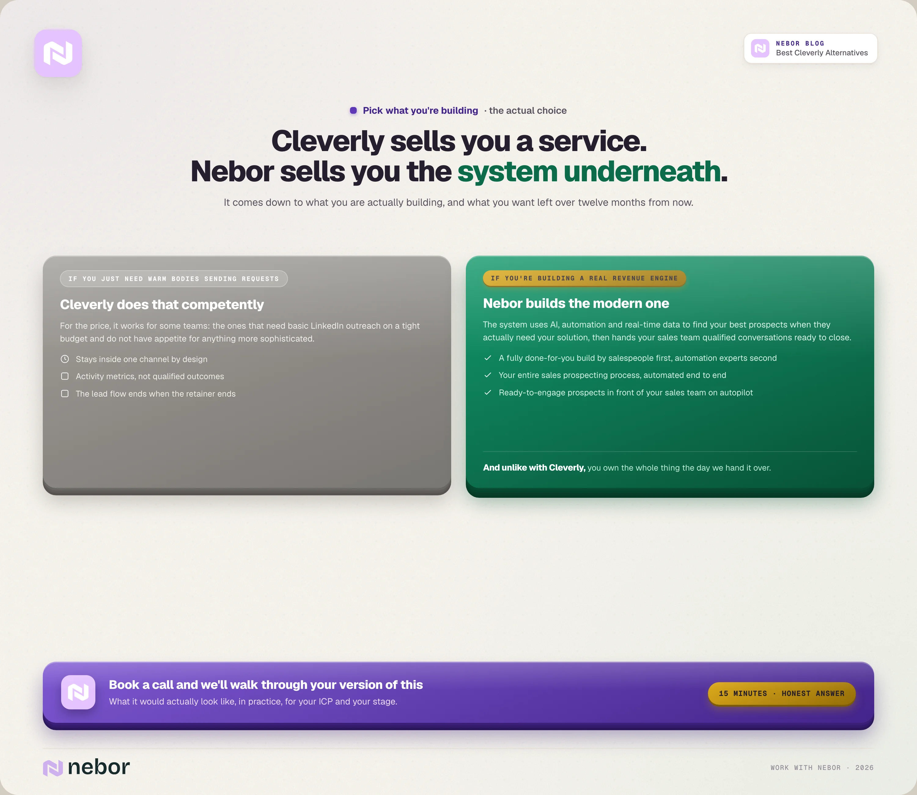 Side-by-side of what Cleverly's service competently delivers and what Nebor's owned modern revenue engine delivers, with a call to book a 15-minute conversation