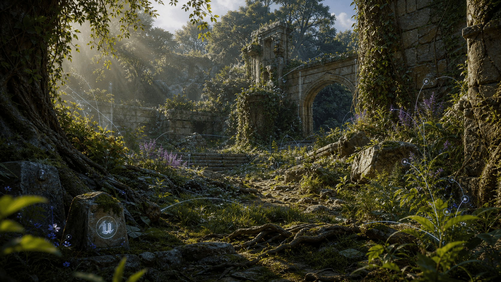 Overgrown stone ruin filled with dense procedural vegetation, roots, shrubs, and subtle growth guide lines.