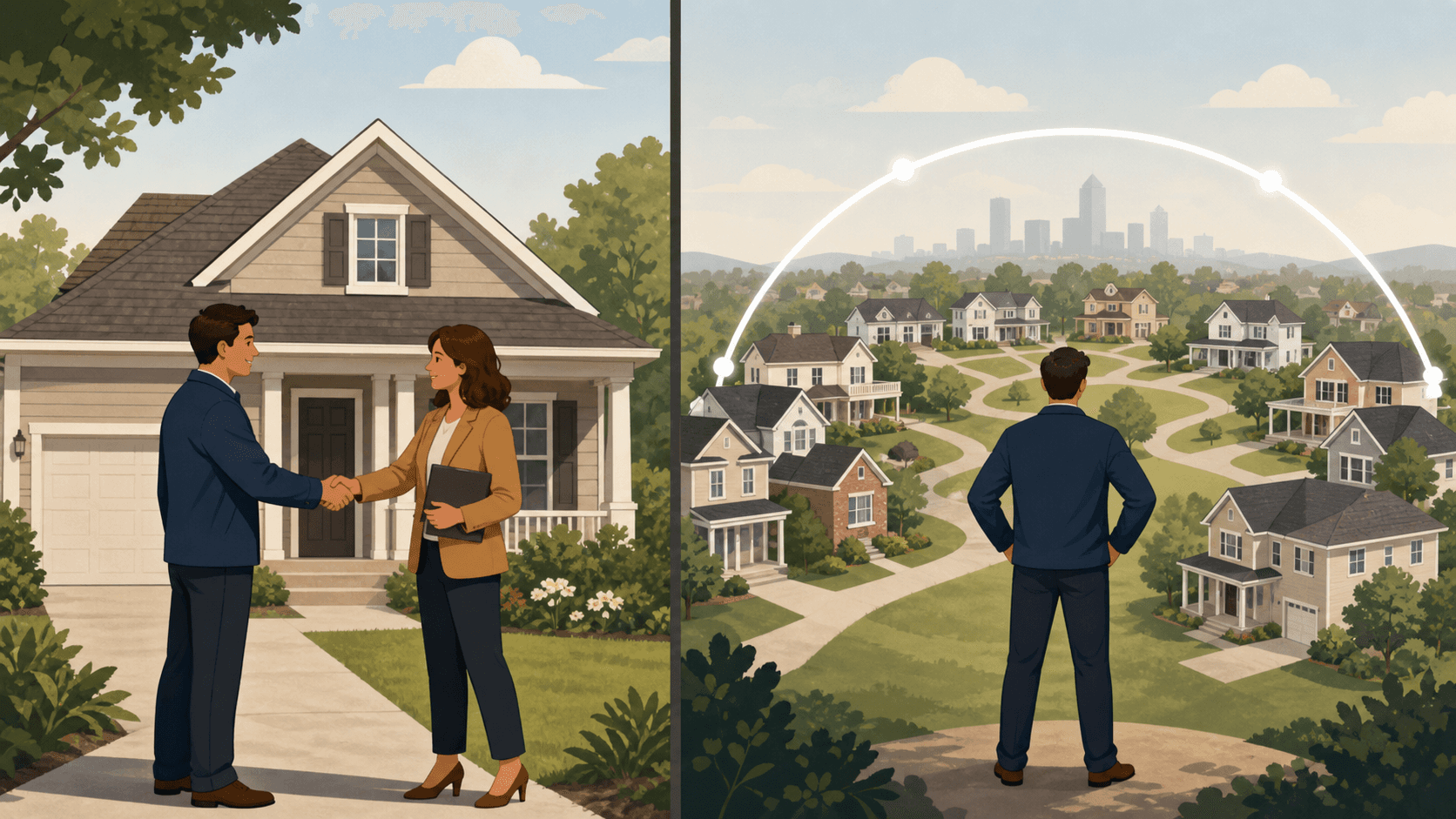A split-scene illustration showing two contrasting real estate scenarios side by side. On the left, a buyer and agent shaking hands in front of a single specific house, representing a focused property-specific agreement. On the right, a buyer surrounded by many houses with a wide sweeping arc covering all of them, representing broad blanket coverage. Clean, modern flat illustration style with warm neutral tones, no text or labels anywhere in the image.