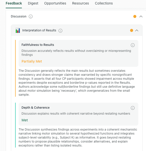 thesify discussion feedback showing Faithfulness to Results partially met and Depth and Coherence met