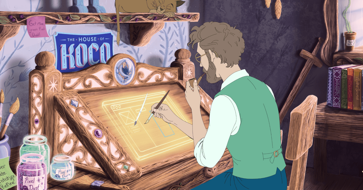 Koco sitting at a fantasy desk painting apps to life.
