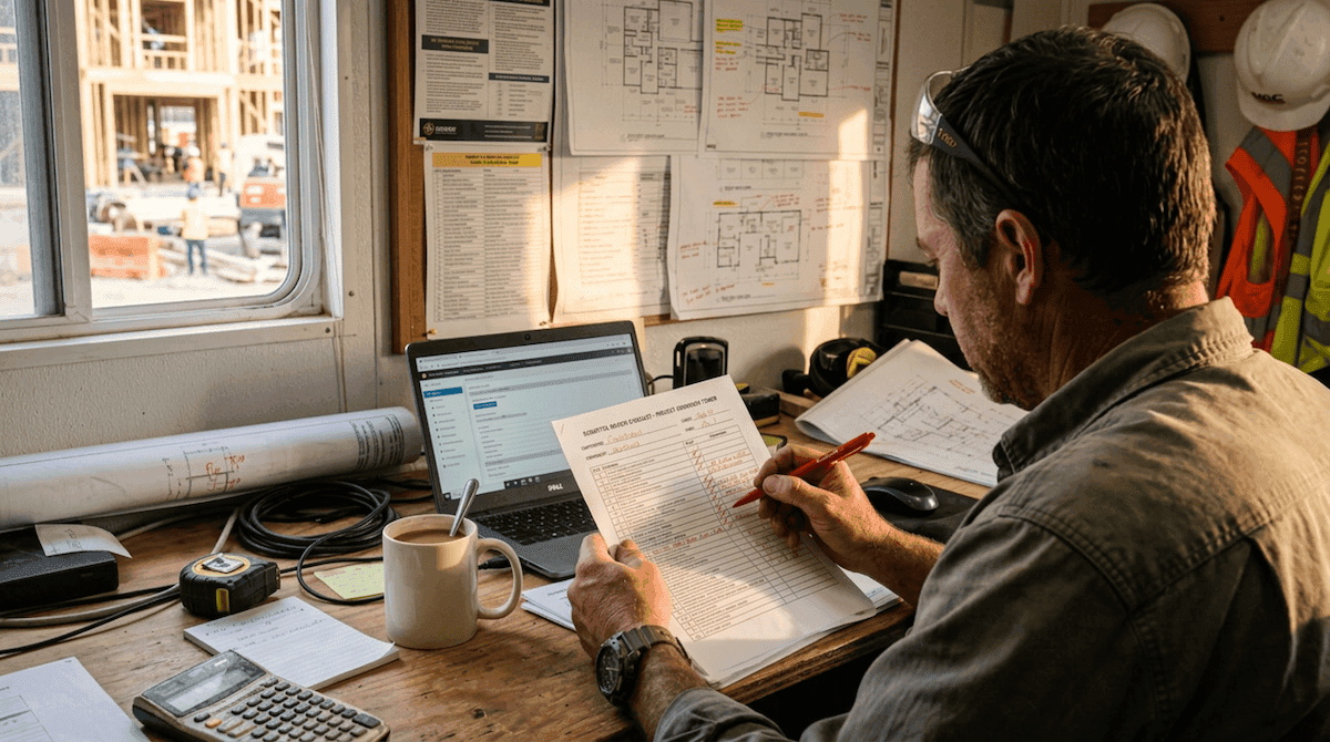 General contractor marking up a construction submittal review checklist at a job site trailer desk