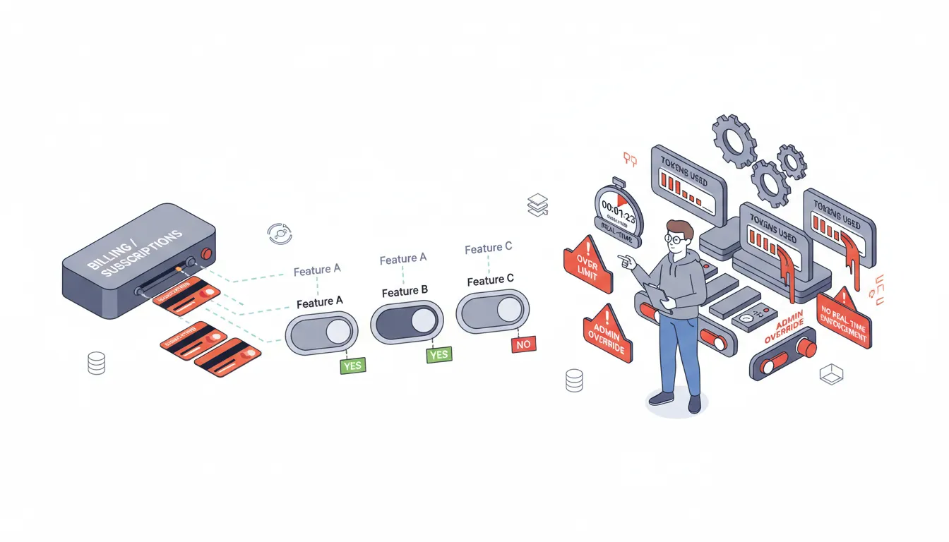 Illustration showing a clean billing module feeding binary feature toggles into a messy product layer with broken usage meters and warning badges, symbolizing Stripe Entitlements breaking for AI and SaaS use cases.