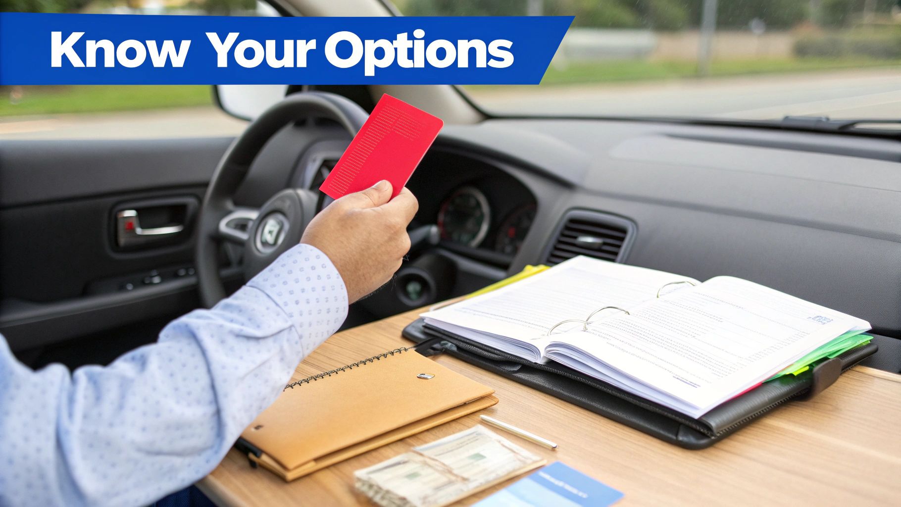 A person in a car reviewing documents, money, and holding a red card, with a 