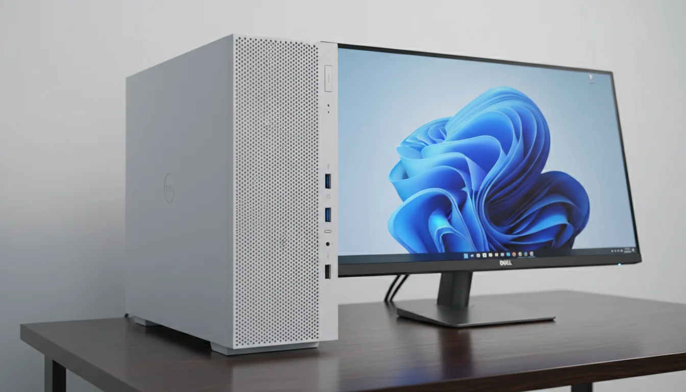 DSLR photography of a white Dell XPS desktop computer on a dark wood grain desk, angled view. To the right, a large monitor displays a vibrant blue and white abstract wallpaper. The computer tower is in sharp focus, showing its matte texture, front perforated grille, and I/O ports. Soft studio lighting creates a clean, professional tech setup aesthetic. The background is a plain, out-of-focus white wall.