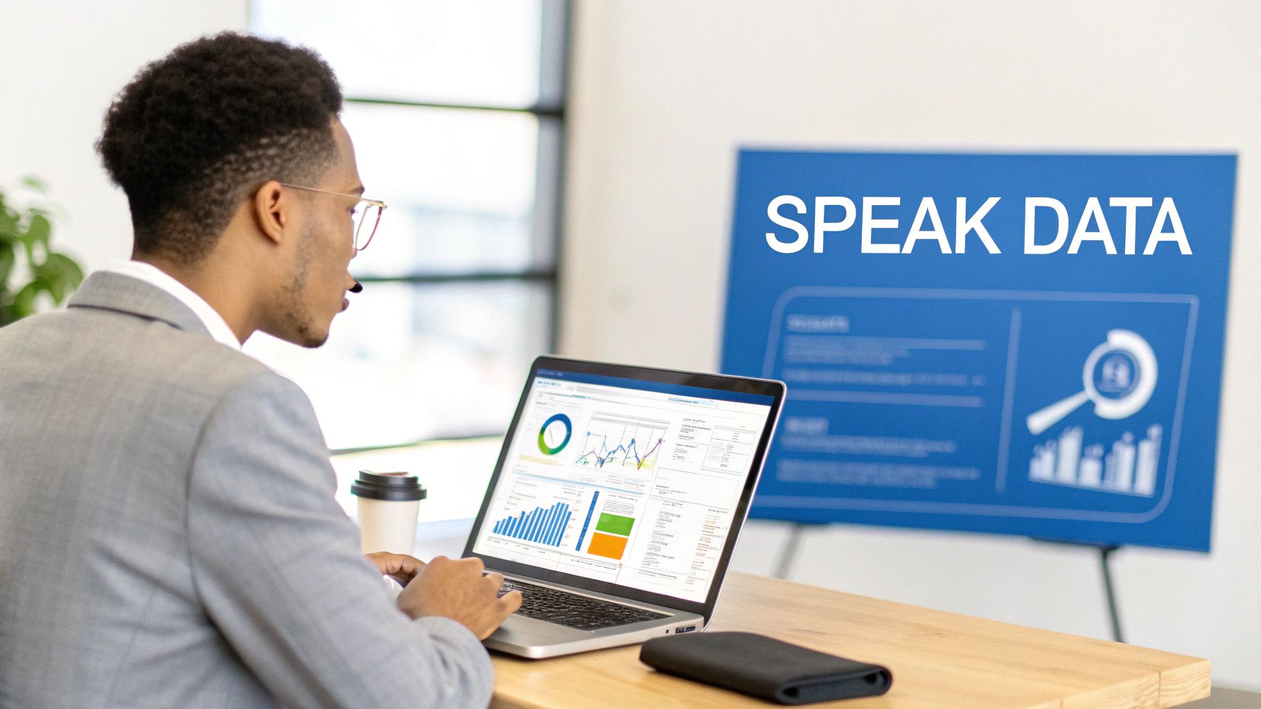 A man in a suit works on a laptop displaying data visualizations, with a 