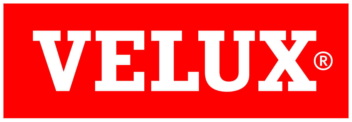 VELUX logo in white font with a red background. Registered trademark symbol in the top right corner.