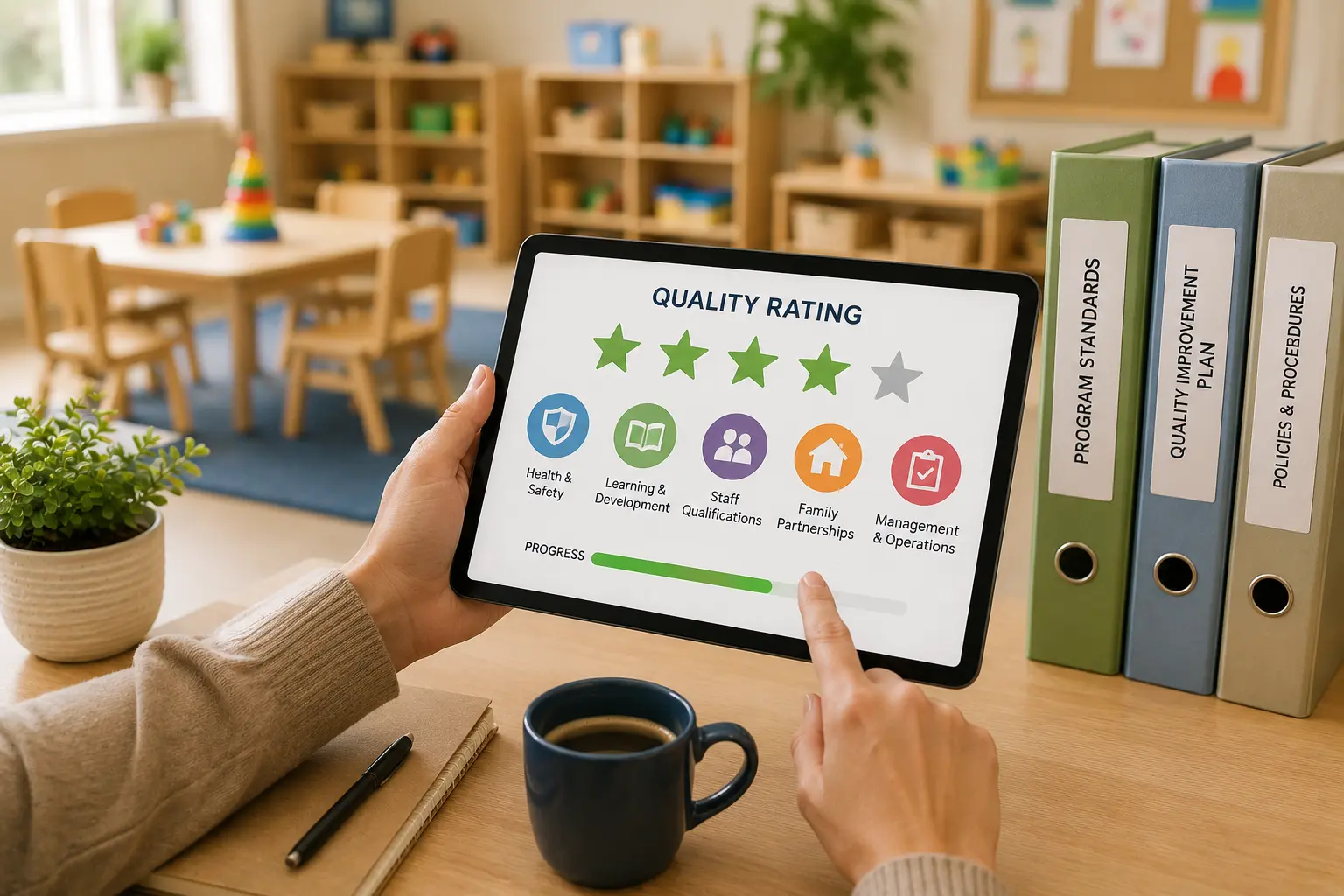 an woman's hands hold an ipad with a four-star quality rating shown on screen, with the backdrop of an empty child care room