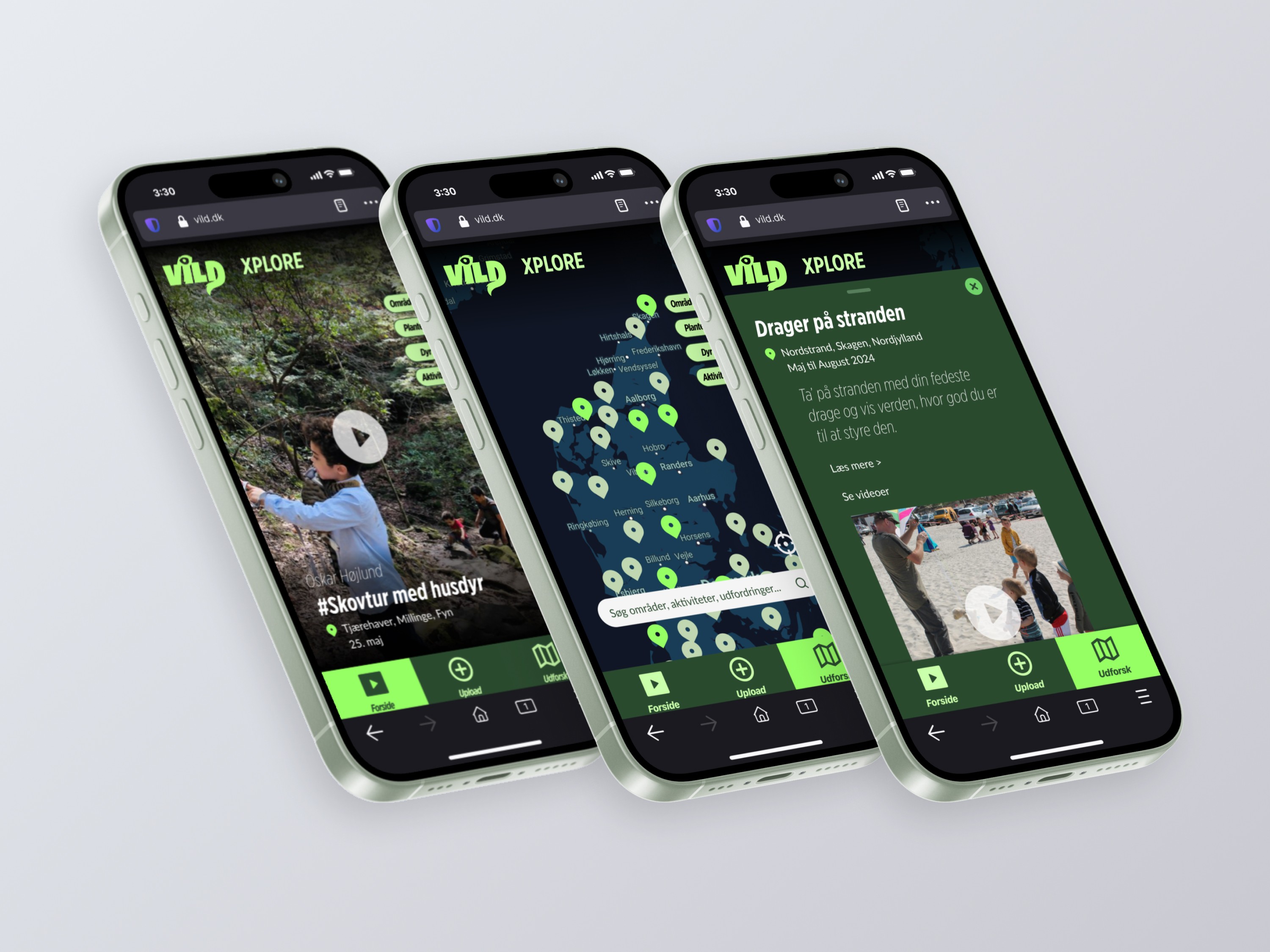 Three smartphones displaying the VILD XPLORE web app: video activity, interactive explore map, and an activity card displayed when selecting an item on the map..