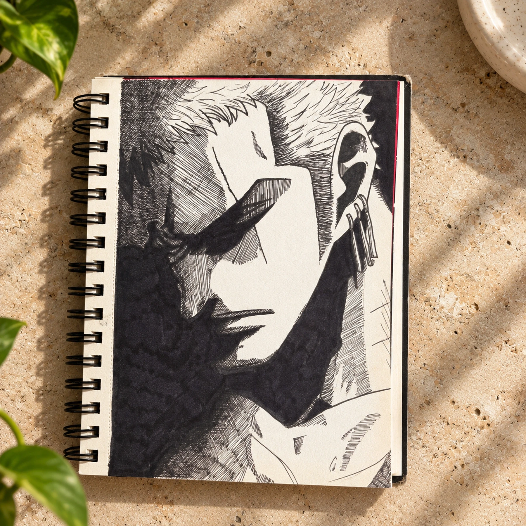 High-contrast portrait of a stern, spiky-haired character wearing dangling earrings. Zoro