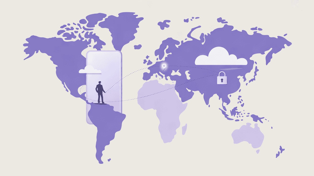 A traveller's data path across a world map, held up at a padlock before reaching the internet