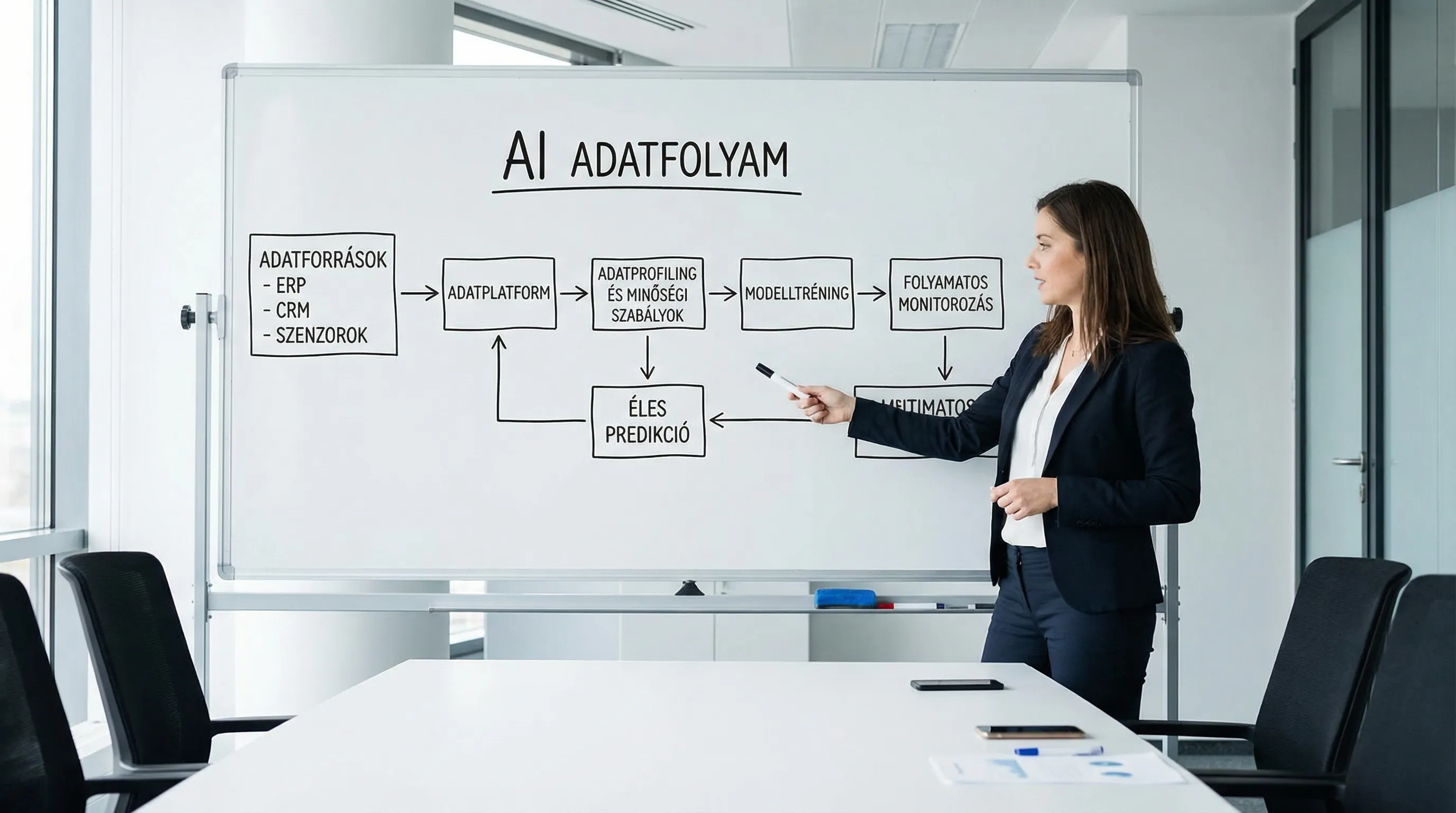 Egyszerű áttekintő ábra vállalati AI adatfolyamról: adatforrások (ERP, CRM, szenzorok) egy adatplatformba érkeznek, majd adatprofiling és minőségi szabályok után modelltréning következik, végül éles predikció és folyamatos monitorozás zárja a kört.
