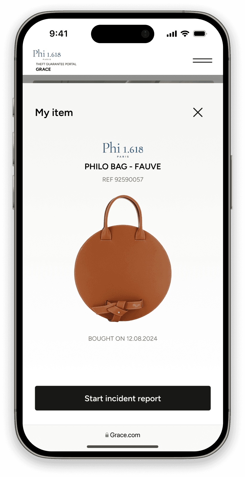 Interface mobile Phi 1.618 x GRACE affichant un sac Philo Bag - Fauve avec option de déclaration d’incident