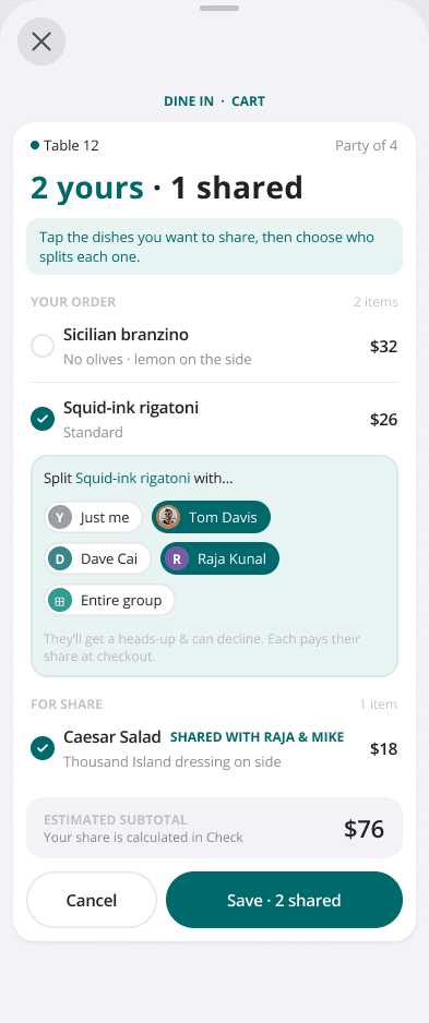 Dynery shared-dish selection with diners and bill allocation