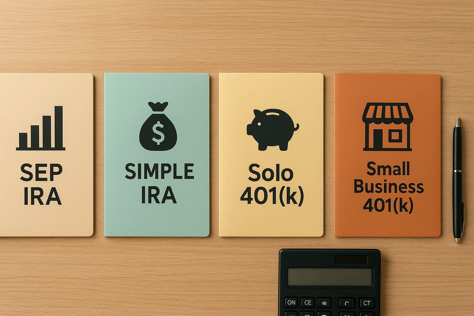 Table with four colored folders showing icons for a SEP IRA, SIMPLE IRA, Solo 401(k), and Small Business 401(k), with a calculator and pen beside them.
