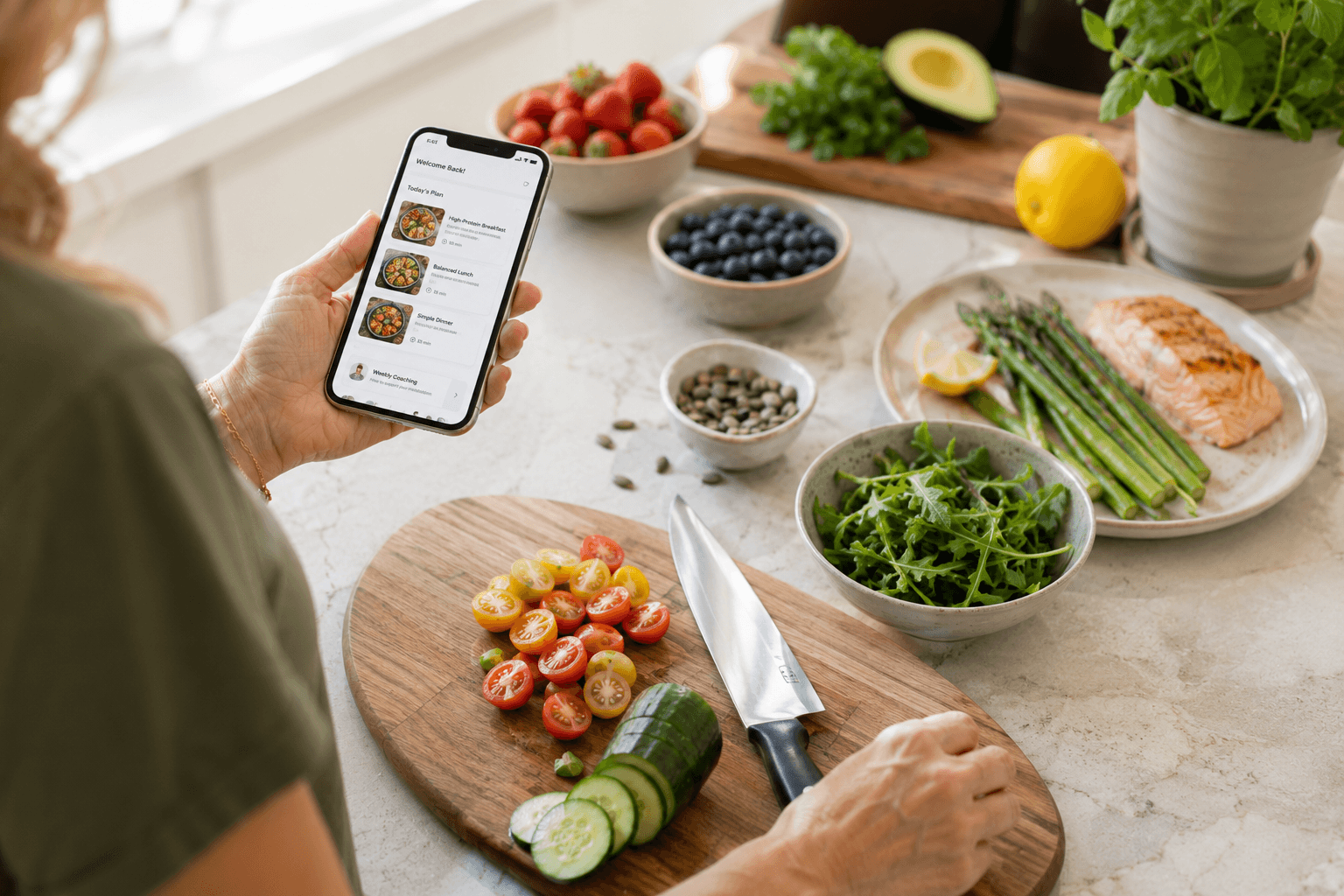 Man chopping vegetables and healthy food in a kitchen