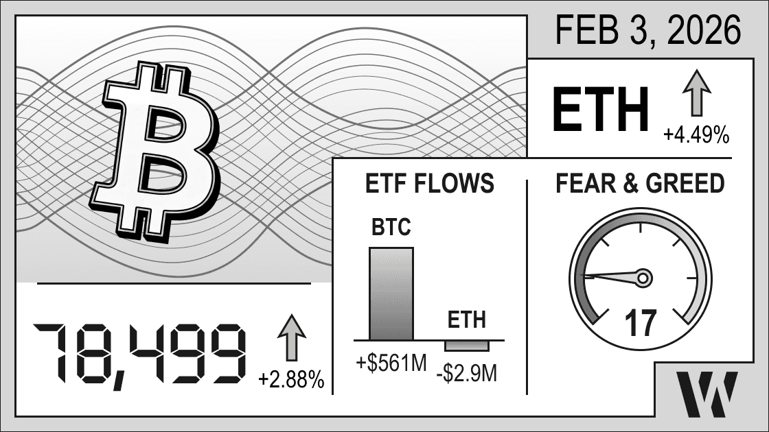 Feb 3, 2026 crypto snapshot – Bitcoin at 78,499 (+2.88%), Ethereum up +4.49%; ETF flows: BTC +$561M, ETH –$2.9M; Fear & Greed Index 17. 
