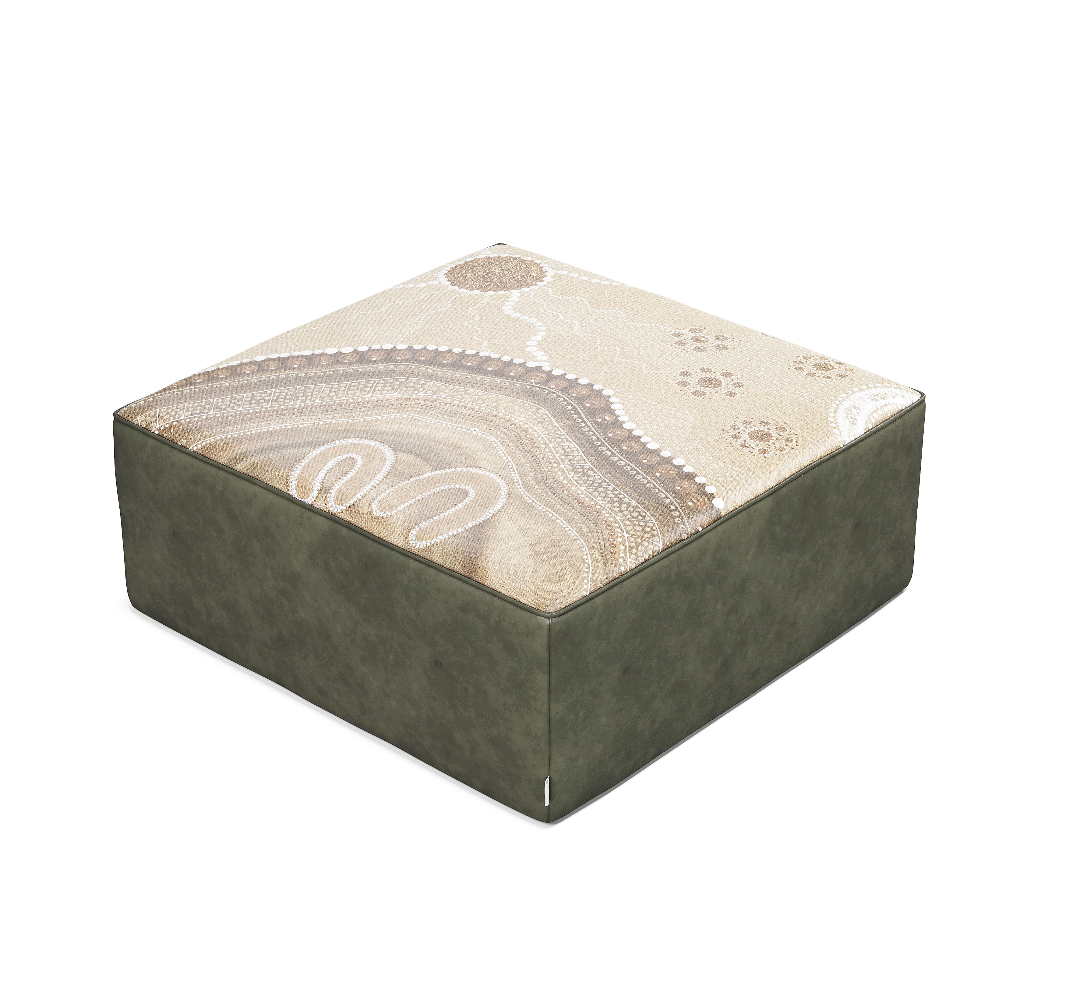 Modern ottoman with patterned top and cushioned seating surface