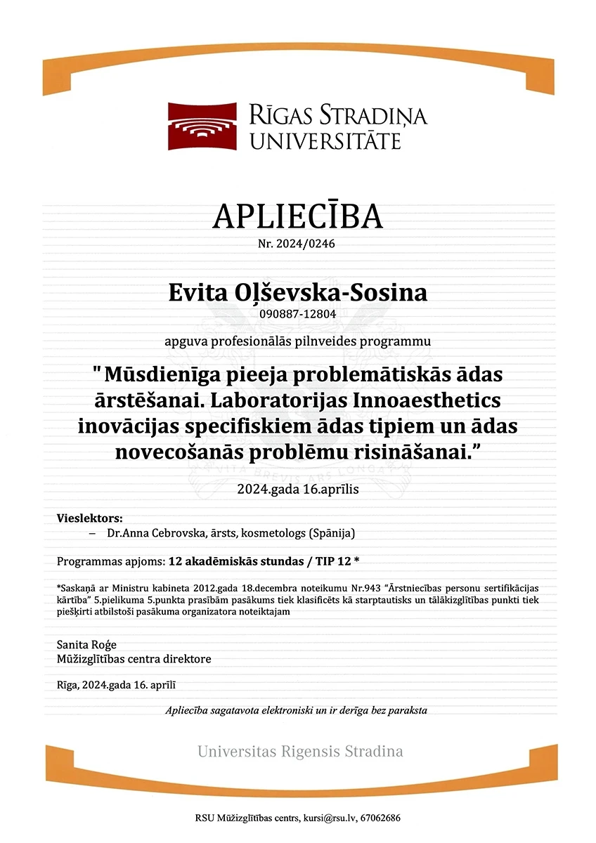 Profesionālās apmācības sertifikāts estētiskajā kosmetoloģijā