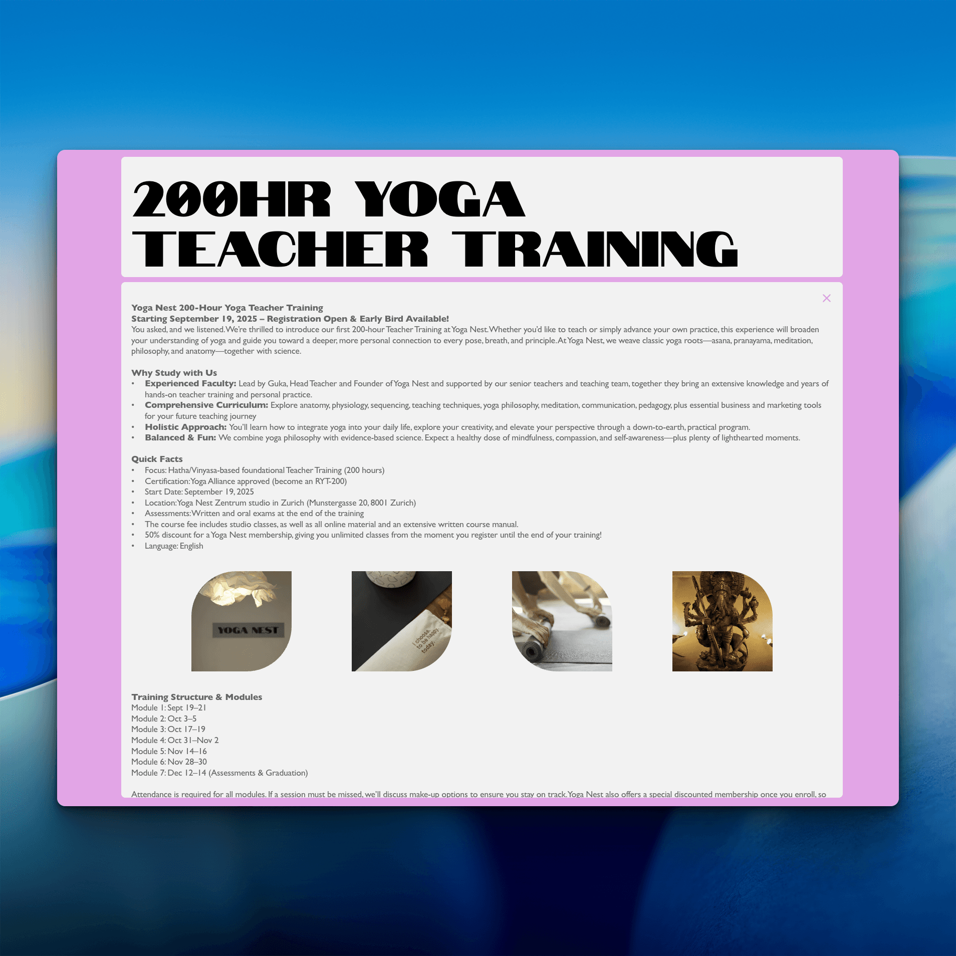 Scrrenshot of Workshop and 200hours yoga training page top