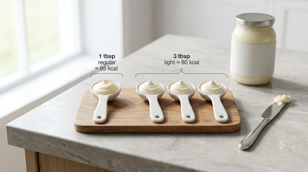 An infographic comparing the calories in mayonnaise: one tablespoon of regular mayonnaise (95 kcal) next to three tablespoons of light mayonnaise (90 kcal) on ceramic spoons, demonstrating a healthier choice.