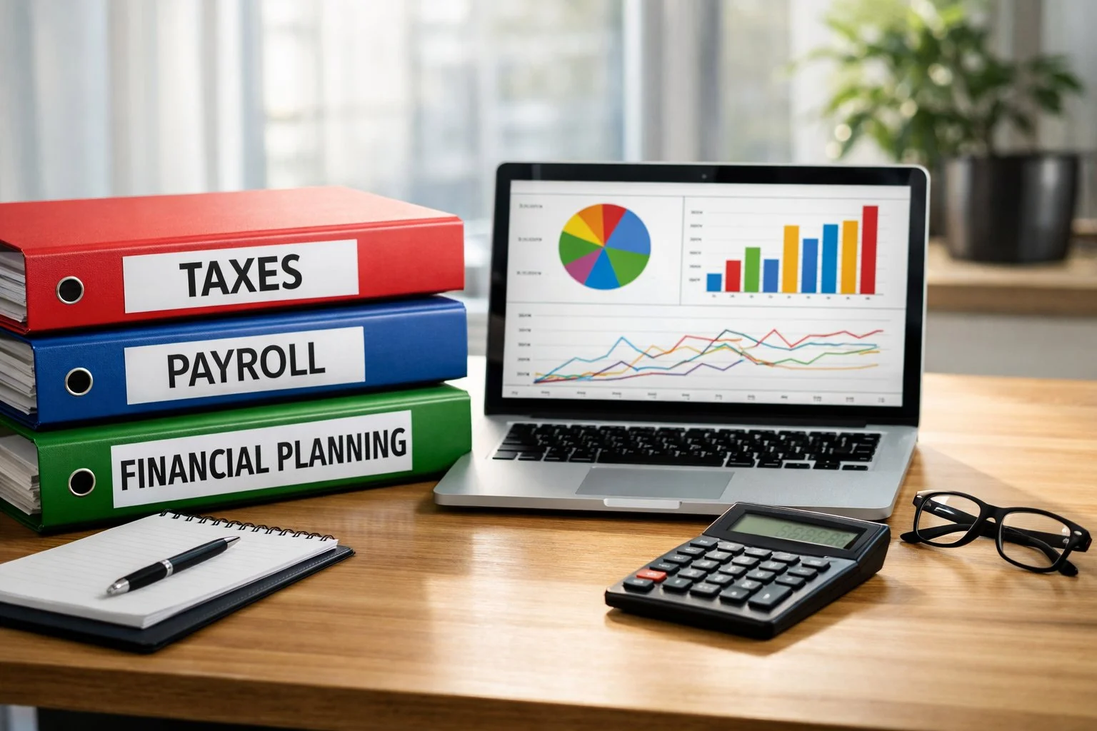 Modern office desk with stacked folders labeled taxes, payroll, and financial planning, a laptop showing colorful charts, a calculator, and glasses nearby.