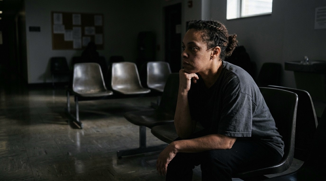 A person sits pensively in a dimly lit waiting area, their hand resting under their chin, with empty chairs and a bulletin board visible in the background.
