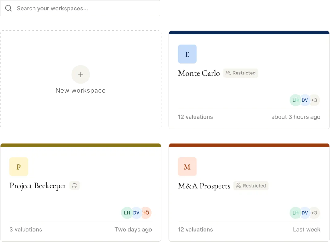  Skärmbild av Leonh workspace-översikt med projekten Monte Carlo, Project Beekeeper och M&A Prospects