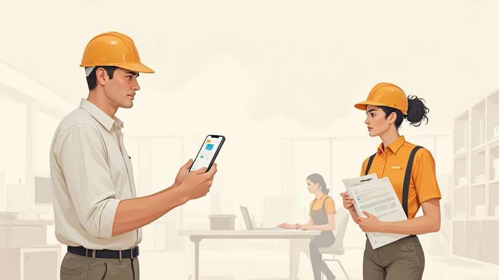 Two construction professionals in hard hats, one checking a phone, the other holding a clipboard.