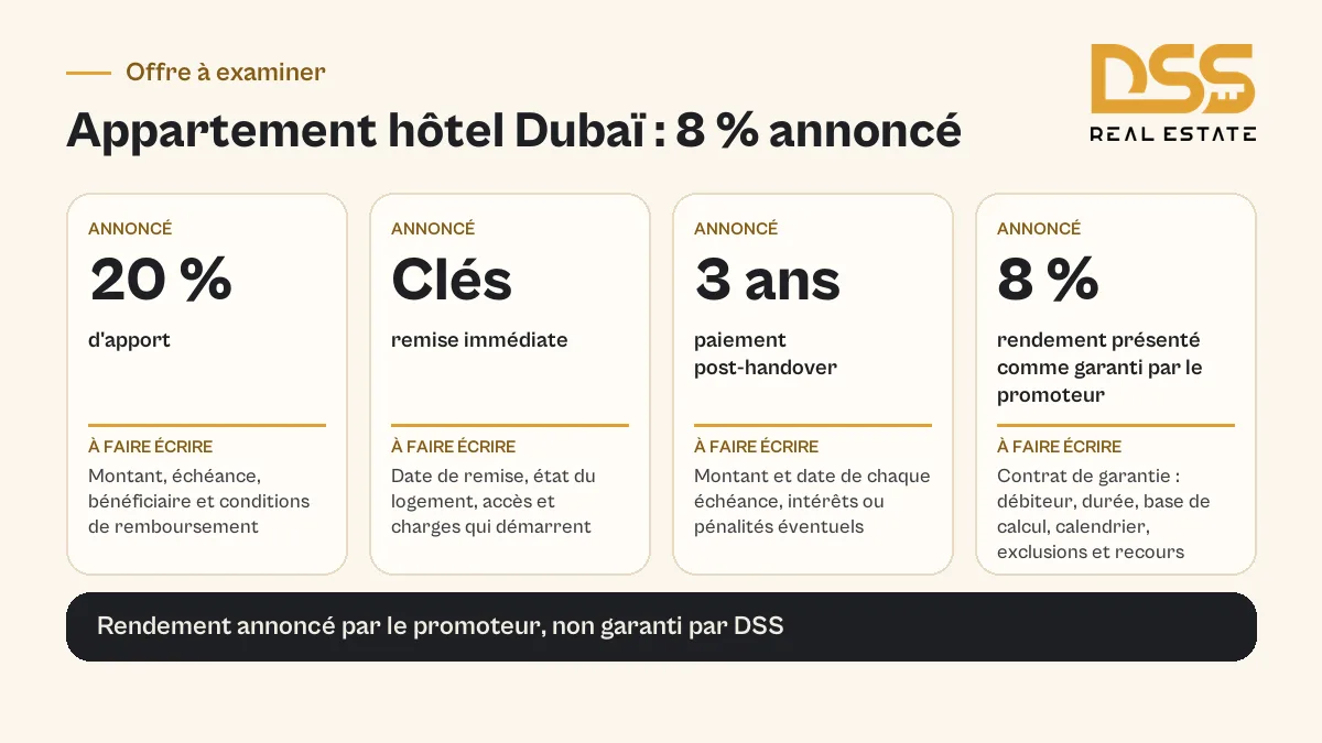 Schéma des conditions annoncées pour un appartement hôtel à Dubaï : acompte de 20 %, clés immédiates, paiement post-handover sur 3 ans et rendement de 8 % présenté comme garanti par le promoteur