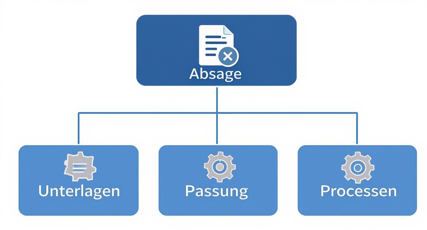 Flussdiagramm visualisiert die Faktoren einer Absage, darunter Unterlagen, Passung und Prozessabläufe, als mögliche Gründe.