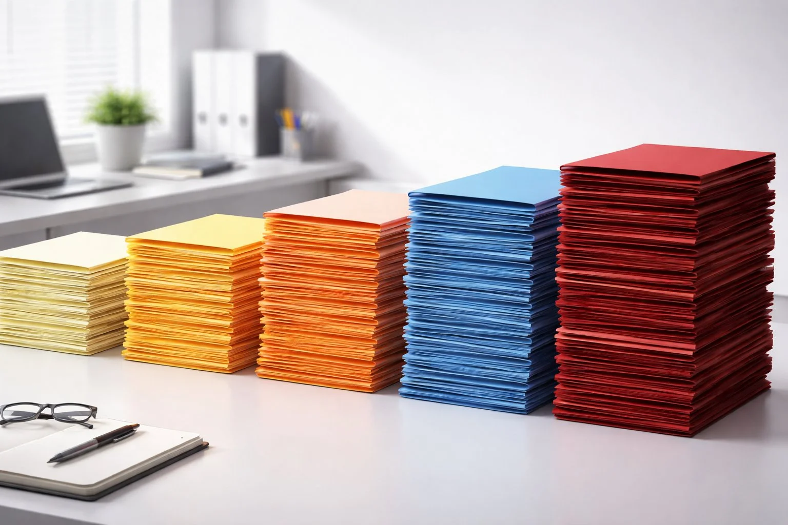 Illustration of stacked folders arranged from light to dark colors, representing increasing levels of importance in a clean, professional setting.