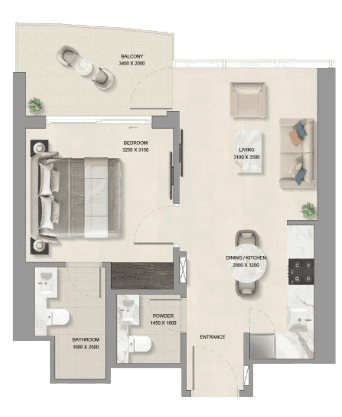 Floor plan of a one-bedroom apartment at Sobha AquaCrest, showcasing room layout and dimensions.