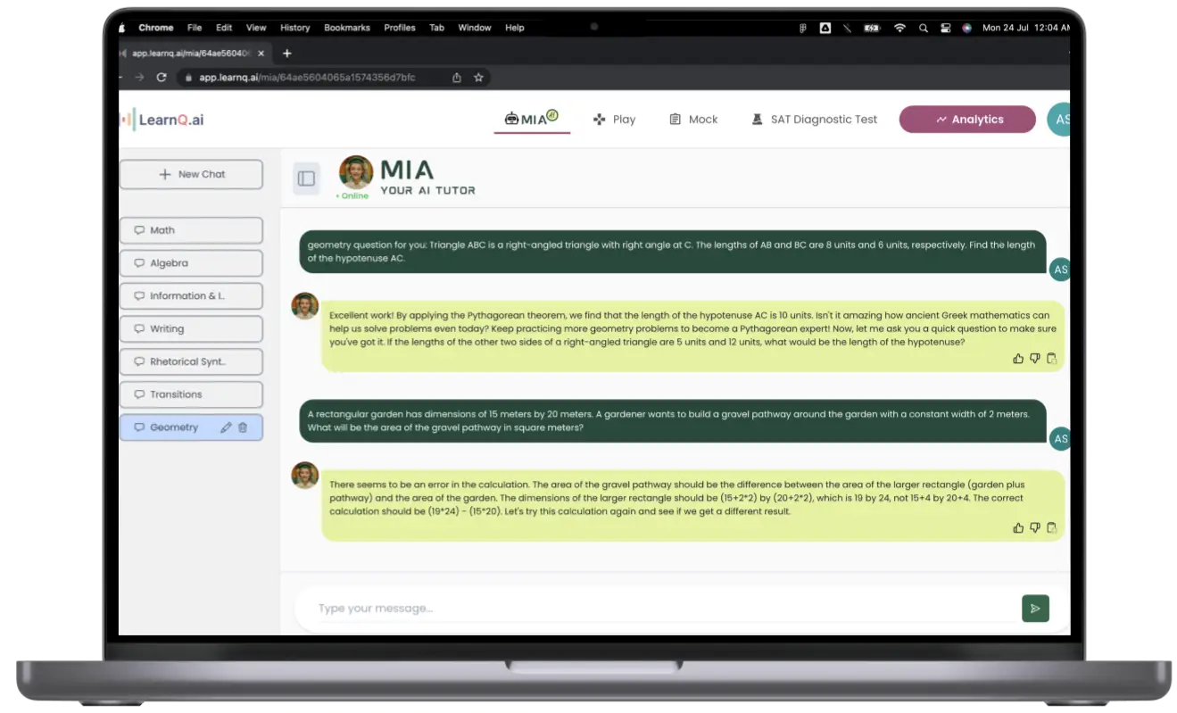 Mia desktop app page showing its Interactive SAT prep session with thought-provoking questions.