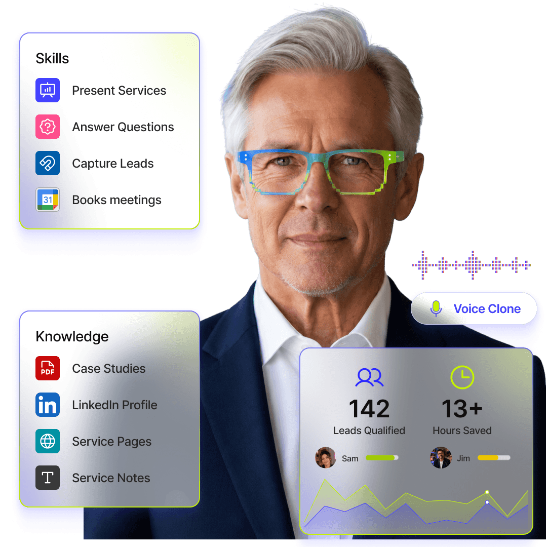 Consultant Agent feature image showing service questions, service presentations, consultation booking, lead capture, case studies, service pages, and consultant profile knowledge.