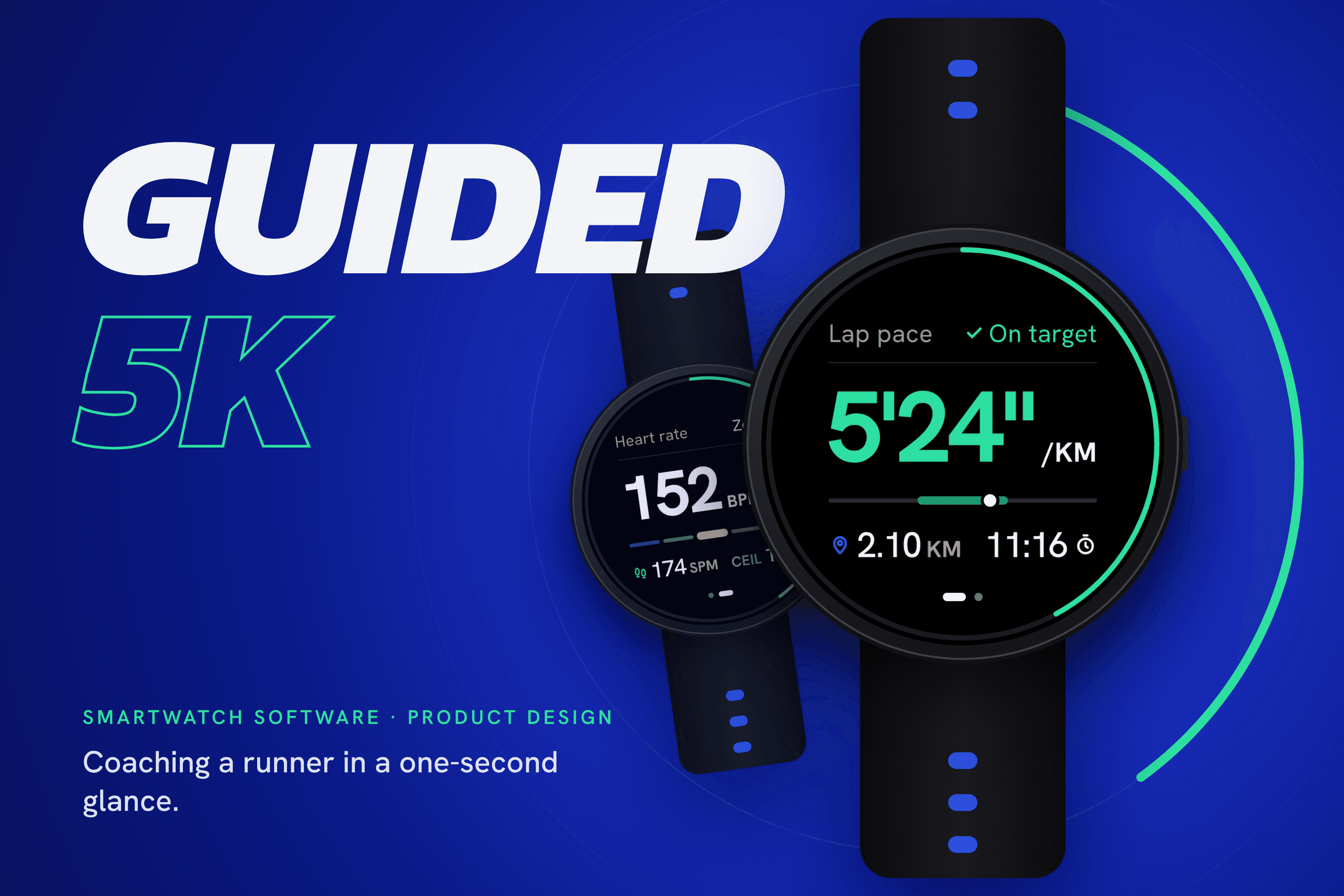Guided 5K smartwatch running screens on a cobalt background