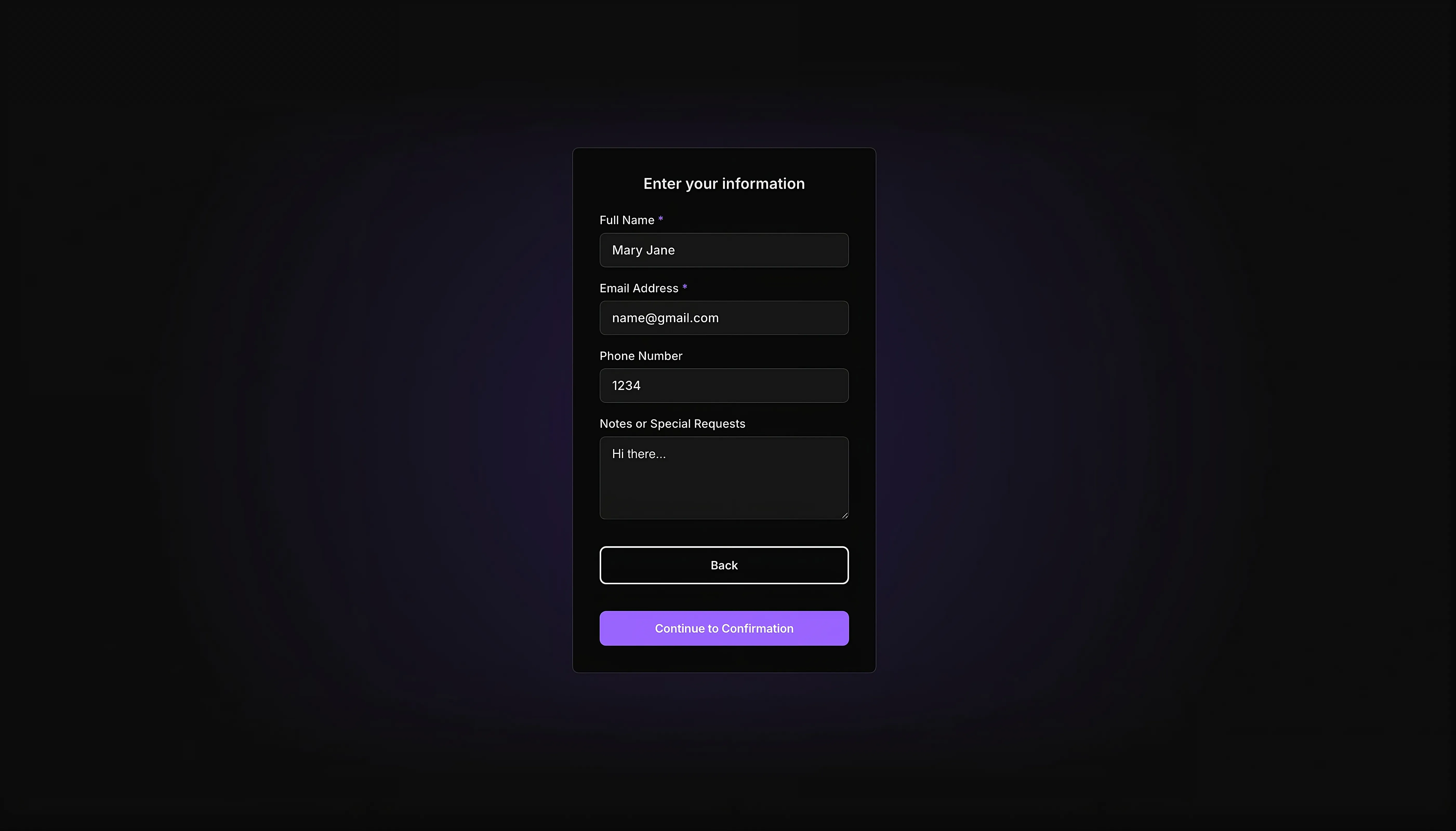 a dark themed user info collection form