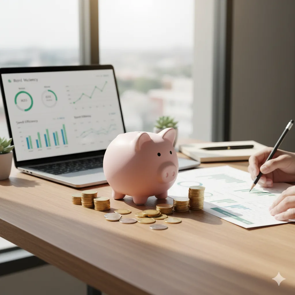 Digital marketing ROI analysis with piggy bank and charts – RJP.design Web Design NYC agency improving social media performance and online marketing profitability.
