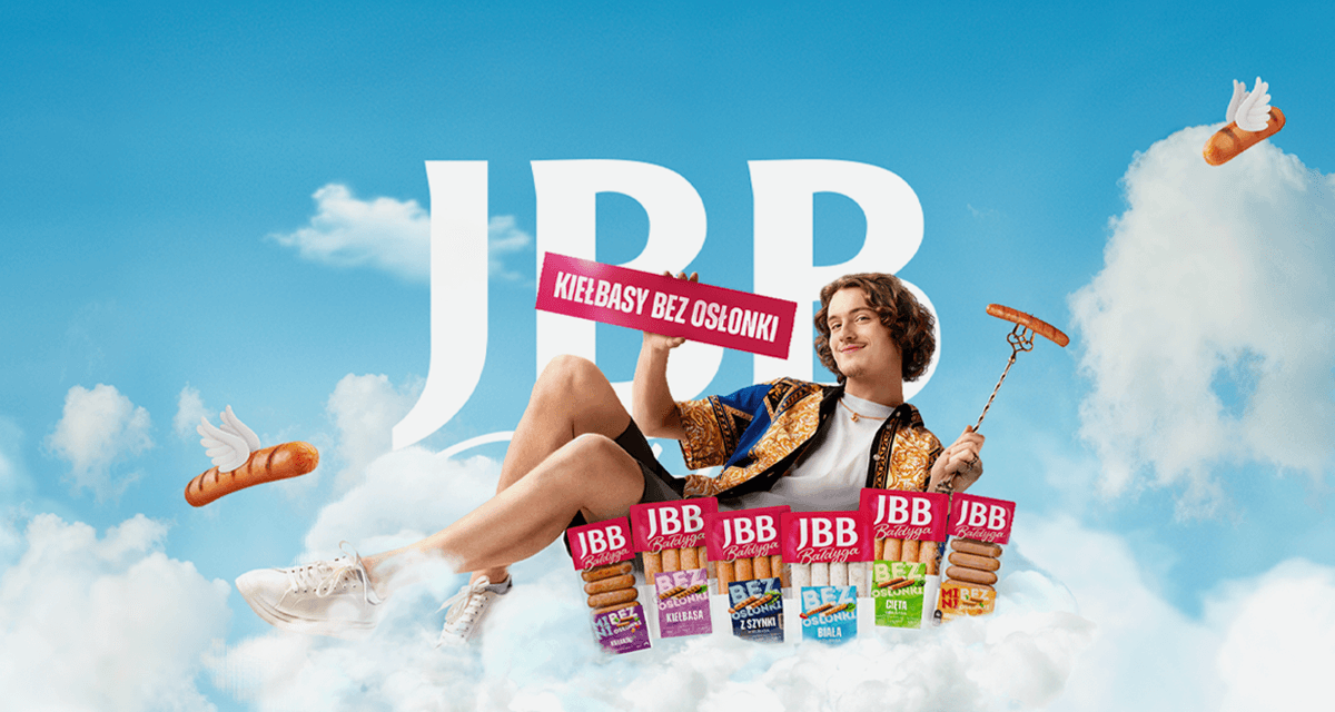 A person relaxes among clouds, holding a sign, with colorful ice cream containers below, branded "JBB".