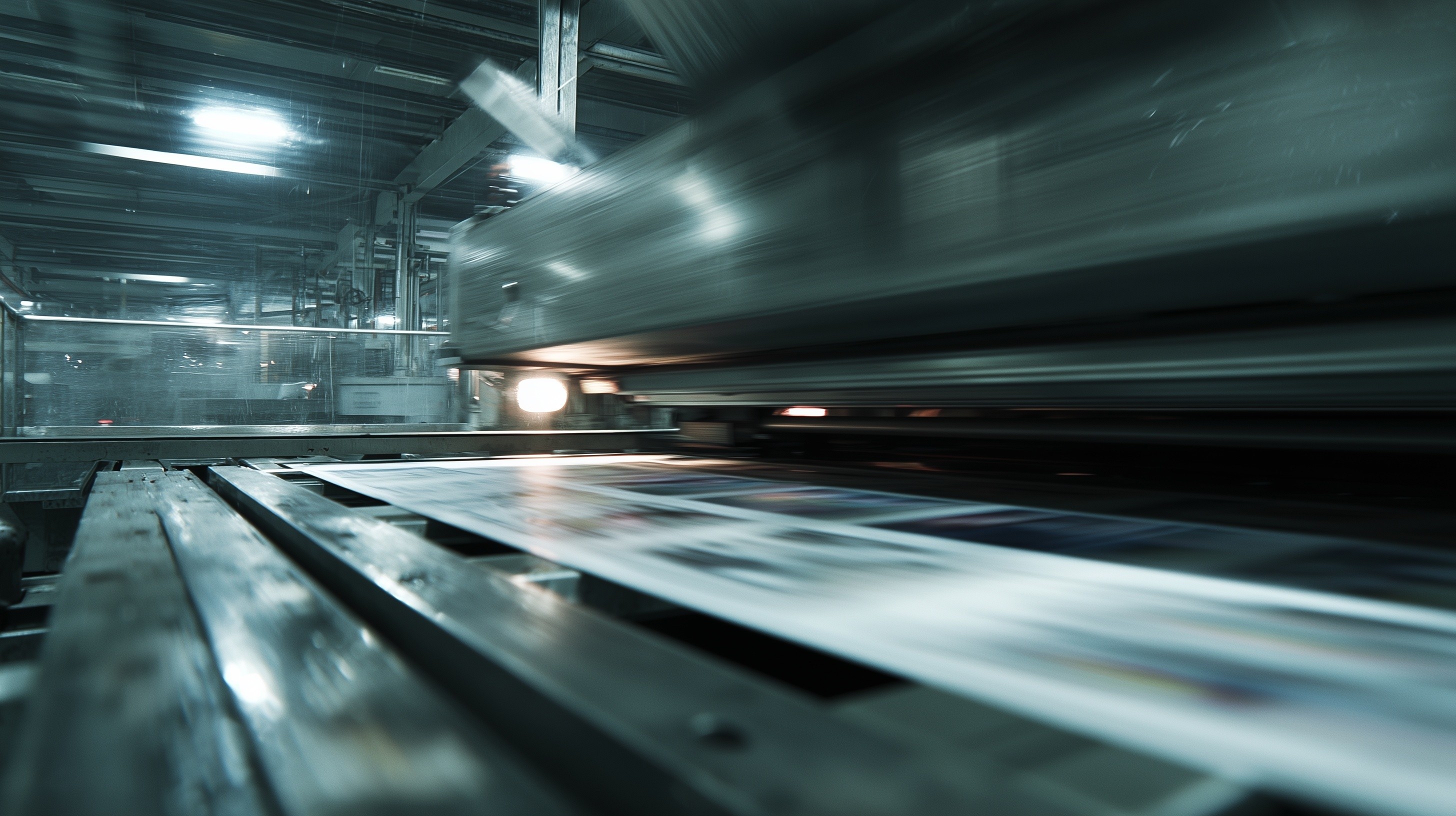 AI generated high-speed industrial printing press producing sheets of printed material inside a large manufacturing facility.
