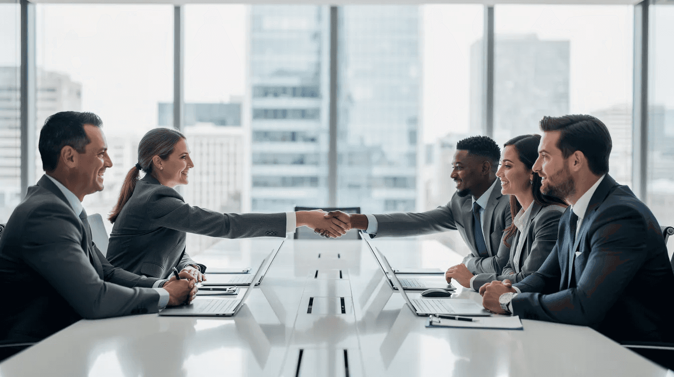 In a modern glass-walled meeting room, two groups of people are shaking hands across a conference table, symbolizing collaboration and partnership. This scene reflects the essence of a leading web design agency, where teams come together to discuss innovative web design and digital marketing strategies.