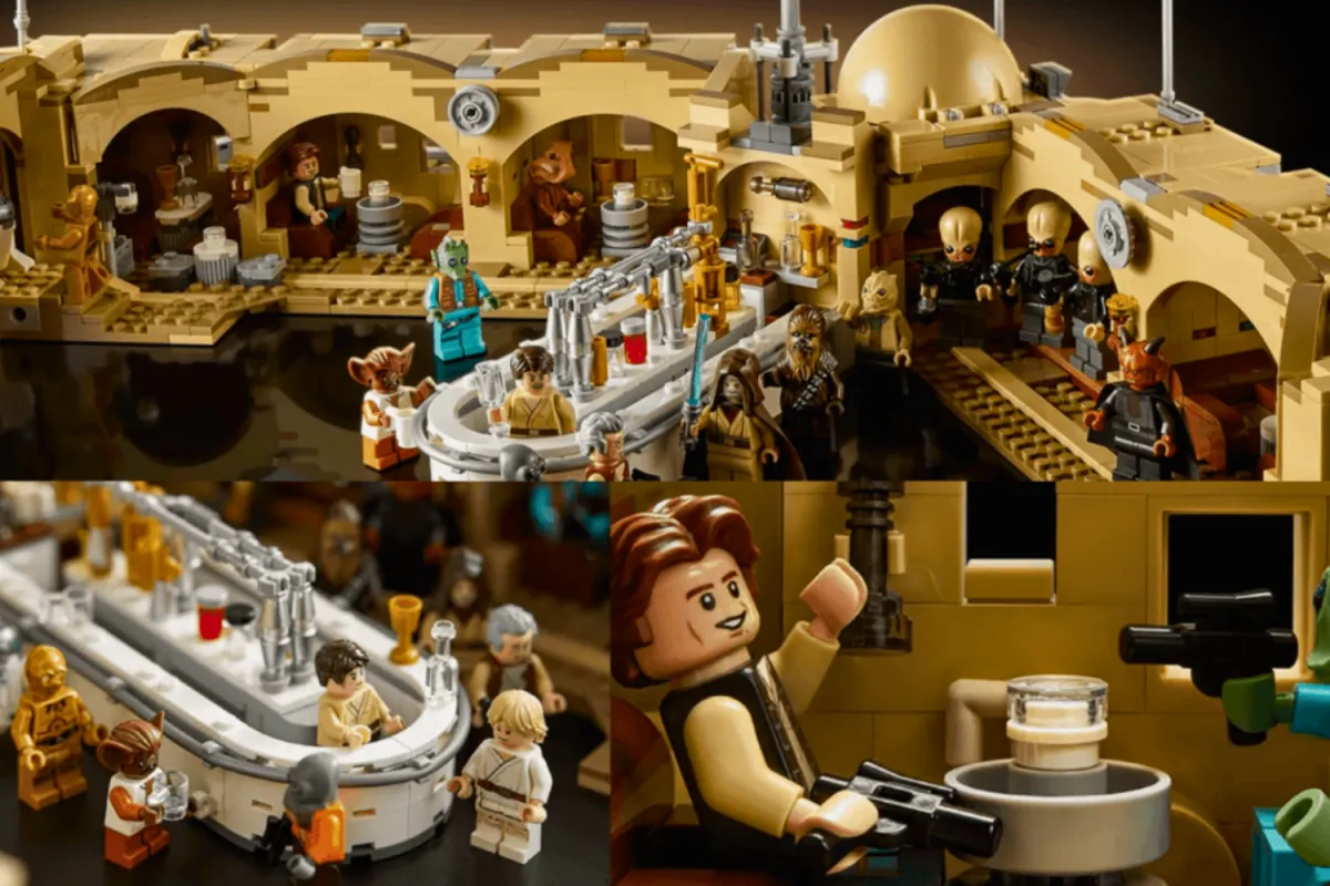 Close-up shots of the LEGO Star Wars Mos Eisley Cantina set, highlighting the bar area, iconic characters like Han Solo, Greedo, and Luke Skywalker, and detailed minifigure interactions in the classic Tatooine location.