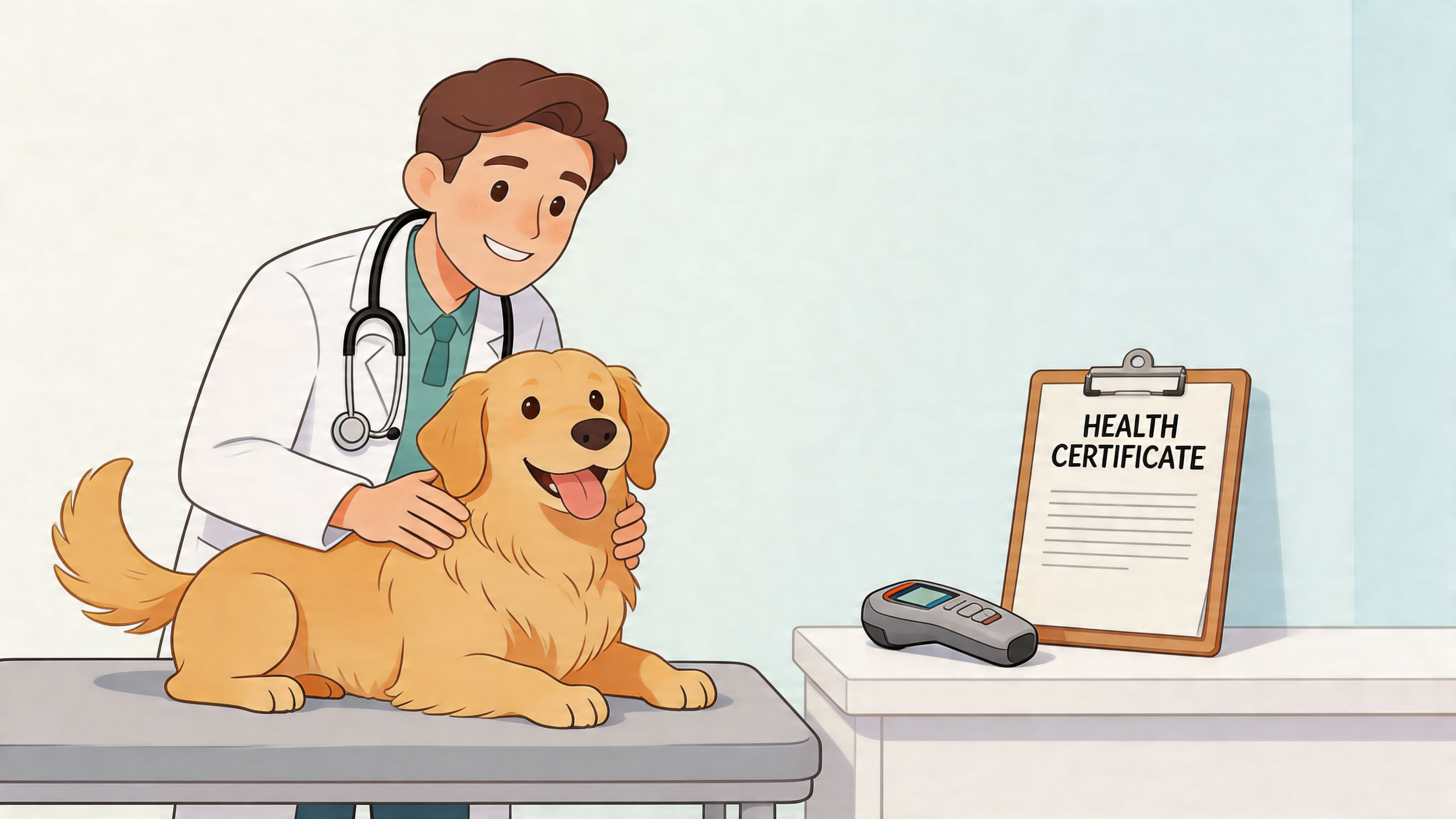 A friendly veterinarian examining a happy golden retriever during a medical checkup for a health certificate.