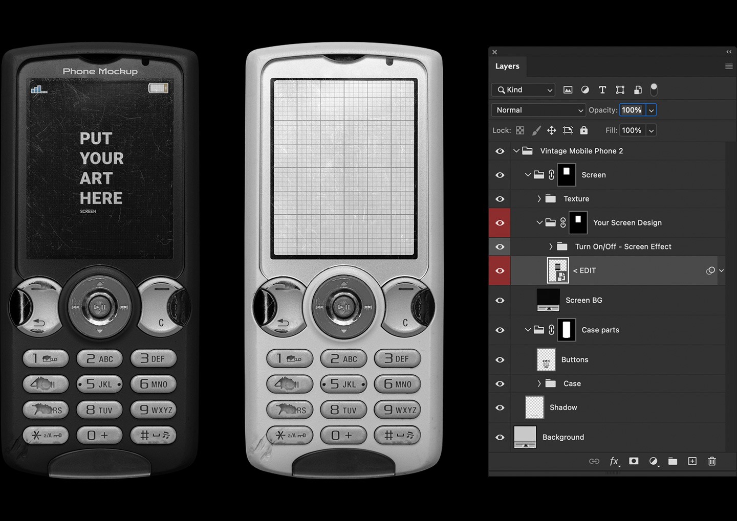 Vintage mobile phone mockup Photoshop smart object editing with layered customization
