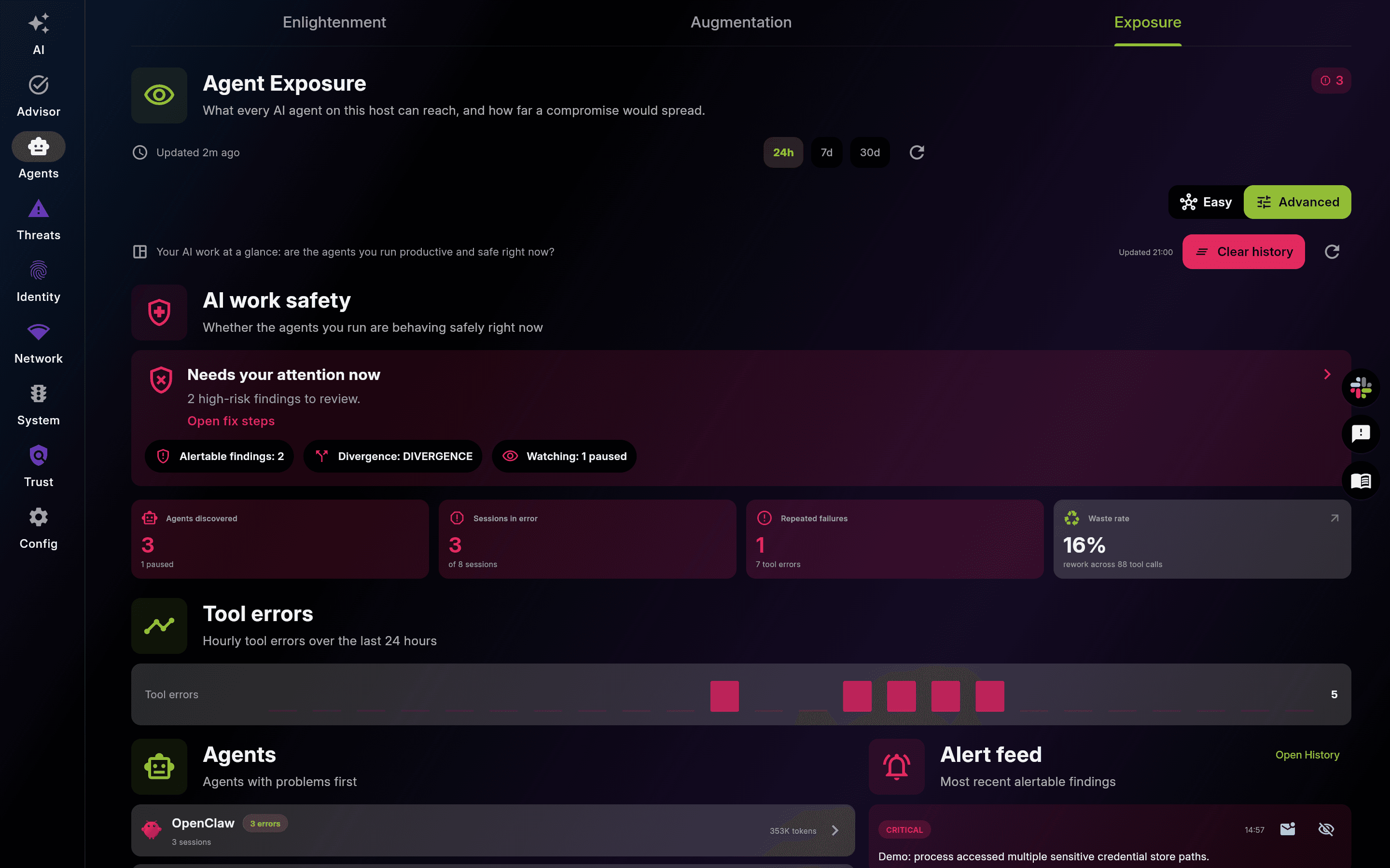 EDAMAME Security agent exposure view: fleet health, agent inventory, MCP servers and capability graph, and host blast radius sorted by danger