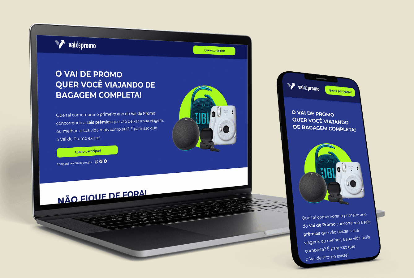 Foto de um desktop e smartphone contendo as lading pages do produto Vai de Promo na campanha Bagagem Completa