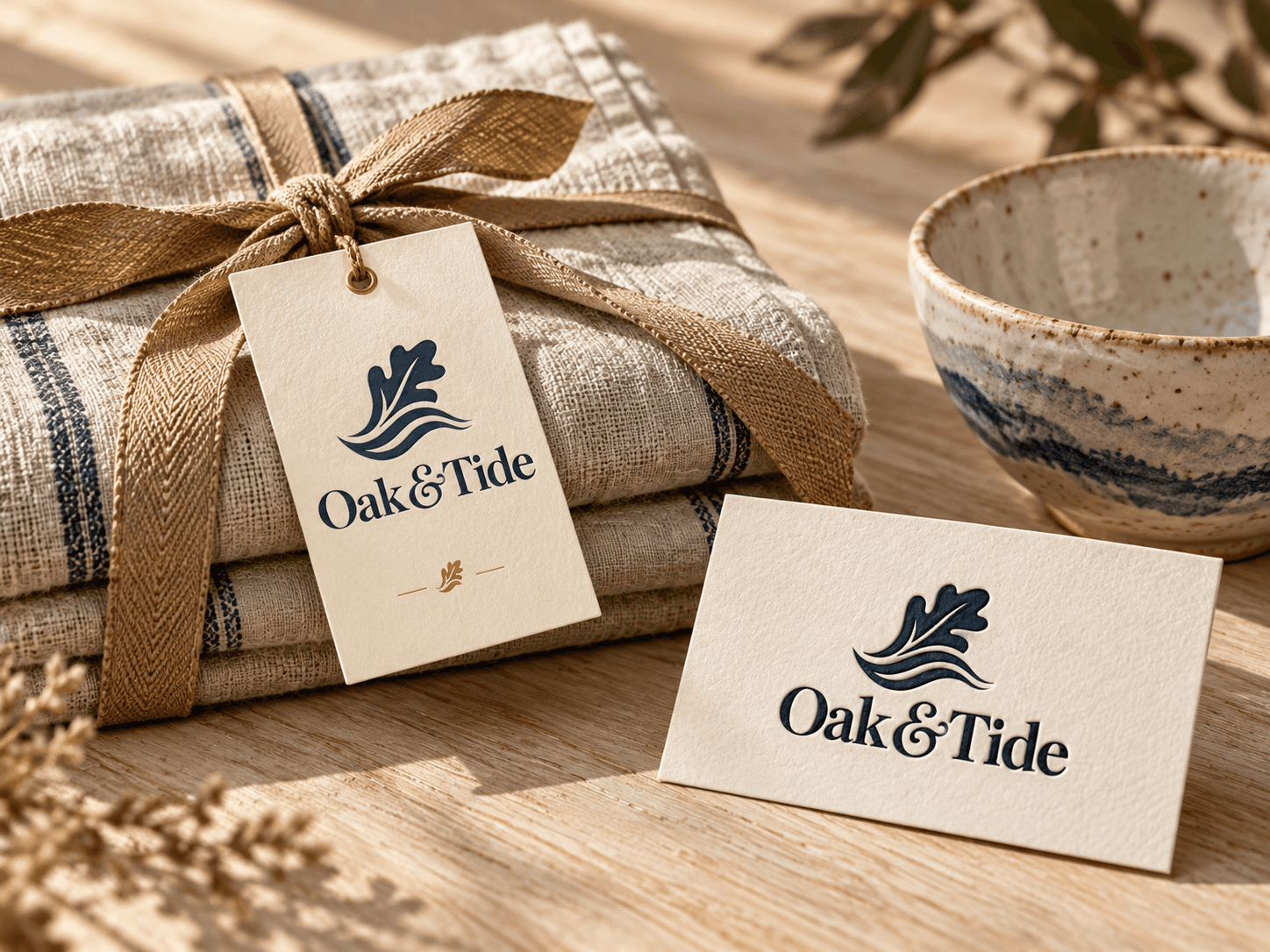Oak & Tide linen hangtag, ceramic bowl, and letterpress stationery