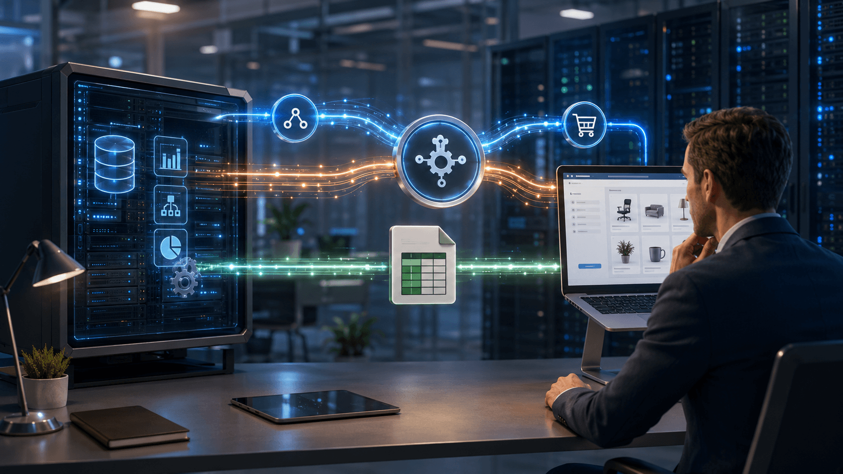 Profissional observa a integração entre um sistema ERP interno, uma plataforma de vendas digital e diferentes fluxos de conexão por API, planilhas e middleware, representados por servidores, ícones de dados e linhas luminosas em um ambiente corporativo tecnológico.