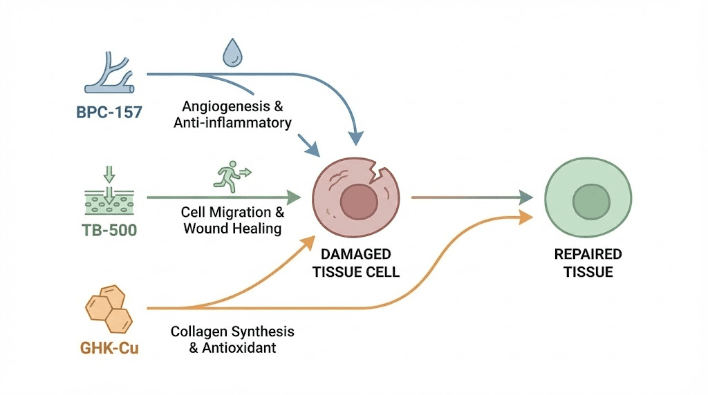 Regenerative peptides BPC-157 TB-500 GHK-Cu tissue repair pathway diagram